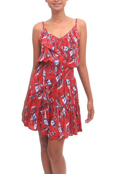 Floral Rayon Empire Waist Short Sundress in Strawberry