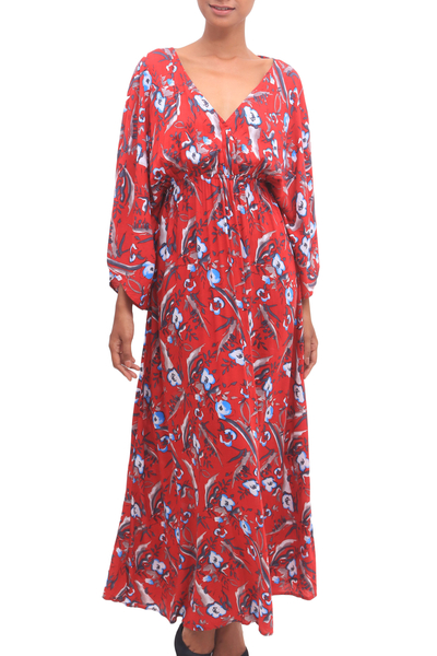 Floral Rayon Caftan in Strawberry from Bali