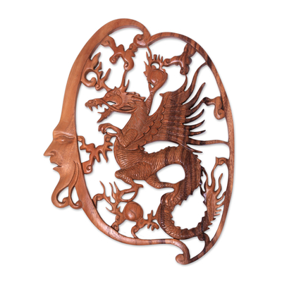 Antaboga Dragon Hand Carved Wood Relief Wall Panel from Bali