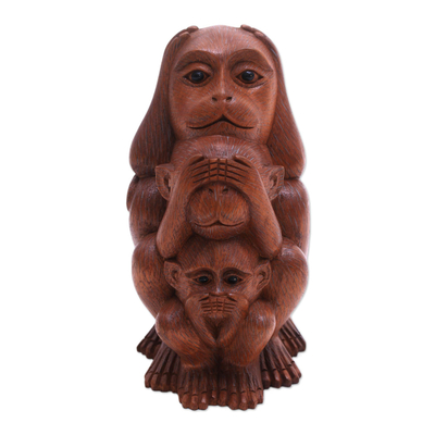 Three Wise Monkeys Brown Hand Carved Wood Statuette