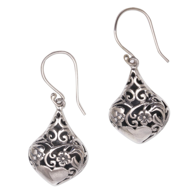 Heart and Flower Pattern Sterling Silver Dangle Earrings