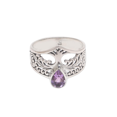 Amethyst and Sterling Silver Cocktail Ring with Tree Motif