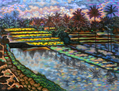 Signed Impressionist Painting of Tanggayuda Village in Bali