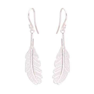 Sterling Silver Filigree Feather Dangle Earrings from Java