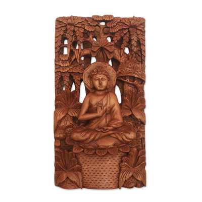 Hand-Carved Suar Wood Relief Panel of Buddha Praying