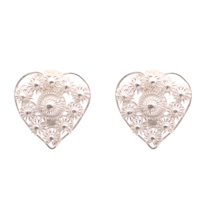 Star Pattern Sterling Silver Heart Earrings from Java