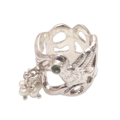 Cultured Pearl Peridot Sterling Silver Bird Cocktail Ring