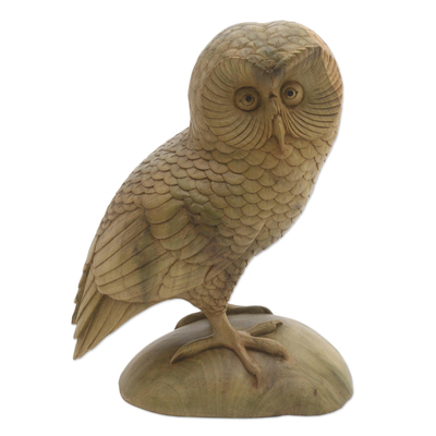 Hand-Carved Hibiscus Wood Owl Sculpture from Bali
