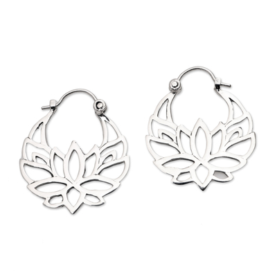 Sterling Silver Lotus Flower Hoop Earrings (1 inch)