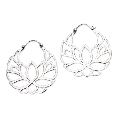 Sterling Silver Lotus Flower Hoop Earrings (1.5 inch)