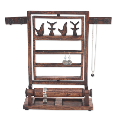 Floral Jempinis Wood Jewelry Stand in Dark Brown from Bali