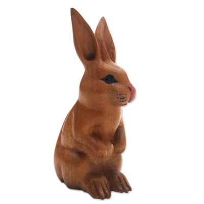 Signed Wood Bunny Sculpture in Brown from Bali