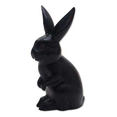 Signed Wood Bunny Sculpture in Black from Bali