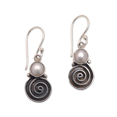 Spiral Pattern Cultured Pearl Dangle Earrings from Bali