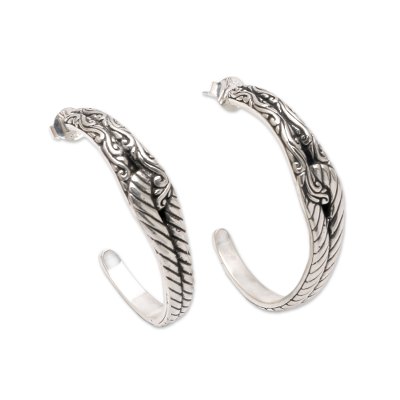 Patterned Sterling Silver Half-Hoop Earrings from Bali
