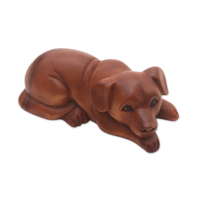 Hand-Carved Suar Wood Dog Sculpture from Bali