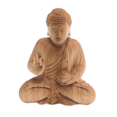 Hand-Carved Wood Sculpture of Buddha Holding a Vessel