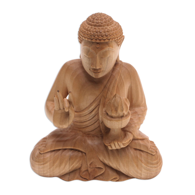 Hand-Carved Wood Sculpture of Buddha Holding Fire