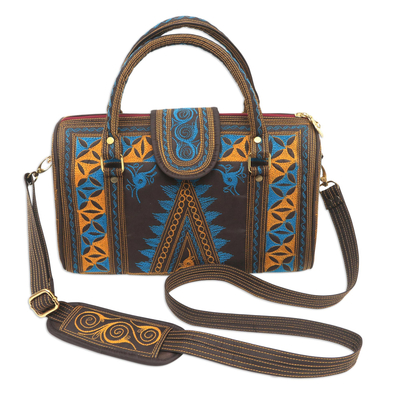 Embroidered Cotton Handle Handbag in Saffron and Teal