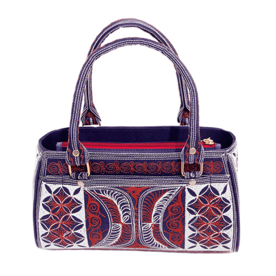 Embroidered Cotton Handle Handbag in Sunrise and Ivory