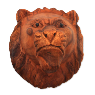 Hand Carved Lion Wall Mask in Suar Wood from Bali