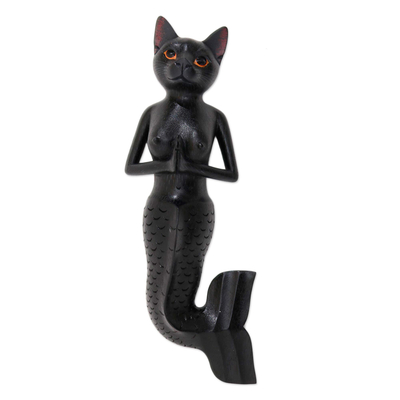 Black Suar Wood Mermaid Cat Wall Sculpture from Bali