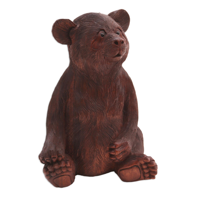 Hand-Carved Suar Wood Bear Sculpture from Bali