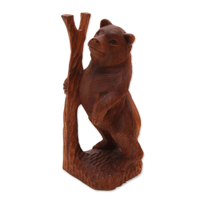 Hand-Carved Suar Wood Bear Sculpture from Bali