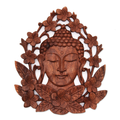 Floral Buddha-Themed Suar Wood Relief Panel from Bali