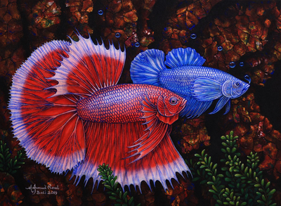Signed Painting of Red and Blue Betta Fish from Bali