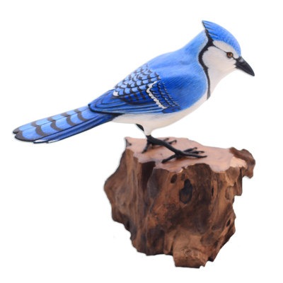 Hand-Painted Wood Blue Jay Sculpture from Bali