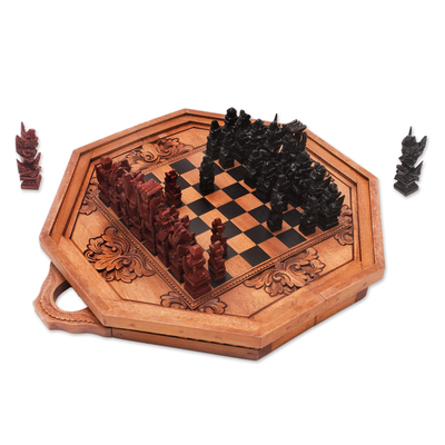 Octagonal Cempaka Wood Travel Chess Set from Bali