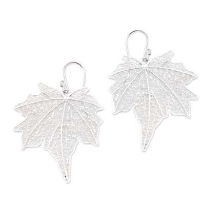 Leaf-Shaped Sterling Silver Filigree Dangle Earrings