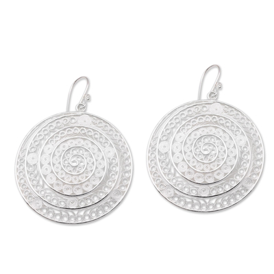 Circular Sterling Silver Filigree Dangle Earrings from Java