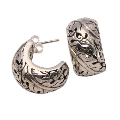 Leaf Motif Sterling Silver Half-Hoop Earrings from Bali