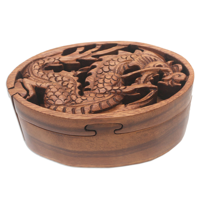Dragon-Themed Suar Wood Puzzle Box from Bali