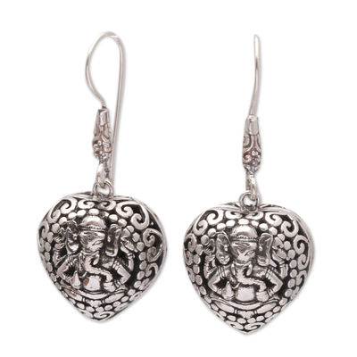 Heart-Shaped Sterling Silver Ganesha Dangle Earrings