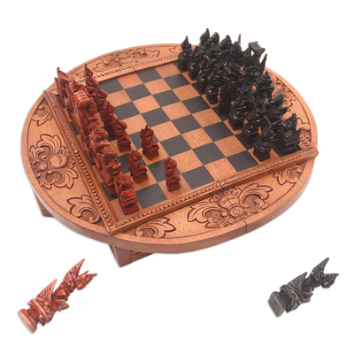 Circular Wood Travel Chess Set Crafted in Bali