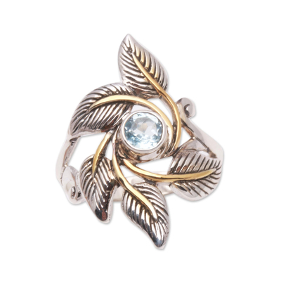 Leafy Gold-Accented Blue Topaz Cocktail Ring from Bali