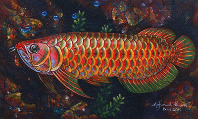 Signed Painting of a Rainbow Arowana Fish from Bali