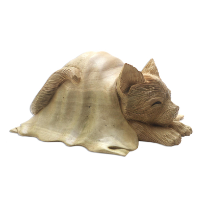 Hibiscus Wood Sculpture of a Cat in a Blanket from Bali