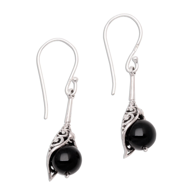Round Onyx Dangle Earrings Crafted in India
