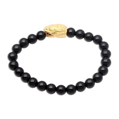 Gold Accented Snake-Themed Onyx Beaded Stretch Bracelet