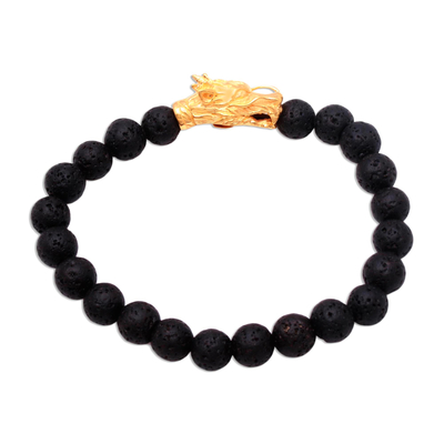 Gold Accented Dragon Lava Stone Beaded Stretch Bracelet
