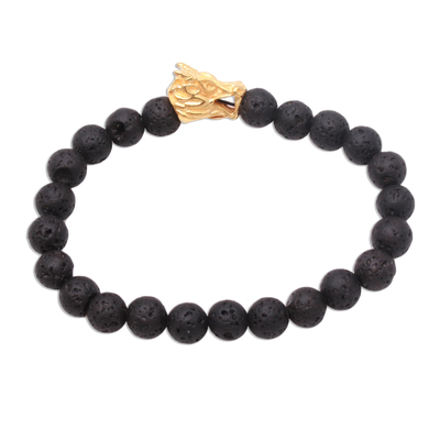 Lava Stone Dragon Beaded Stretch Bracelet with Gold Accent