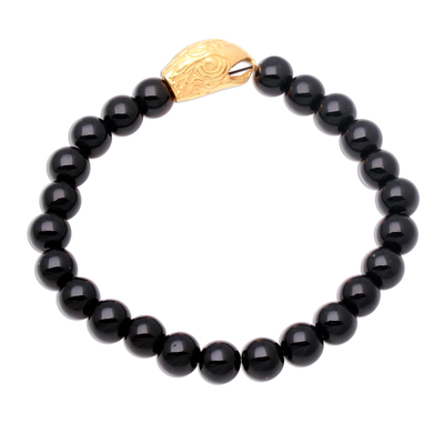 Gold Accented Eagle-Themed Onyx Beaded Stretch Bracelet