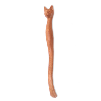 Cat-Themed Natural Wood Back Scratcher from Bali