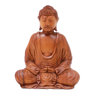 Hand-Carved Suar Wood Buddha Sculpture from Indonesia