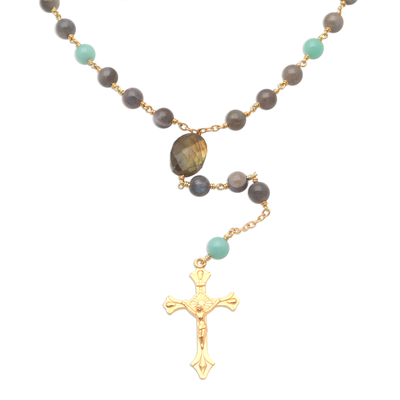 Gold Plated Labradorite and Amazonite Rosary from Bali