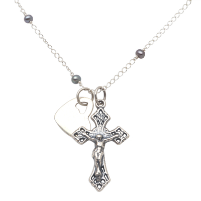 Cultured Pearl Heart and Cross Long Pendant Necklace